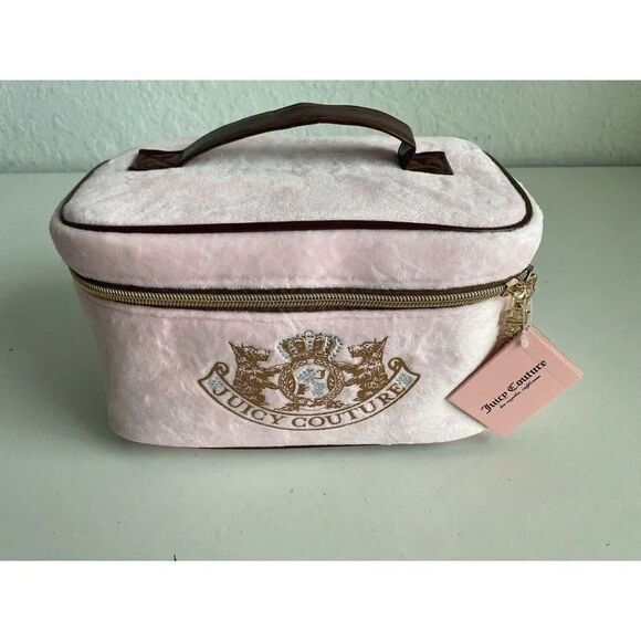 JUICY COUTURE Makeup Bag Travel Cosmetic Train Case Pink Velour Scottie Crown - Picture 2 of 11
